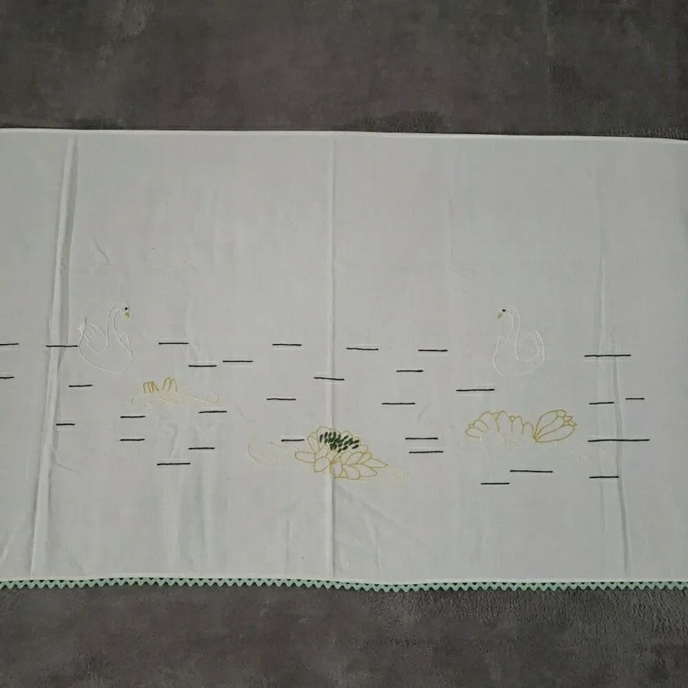 Embroidered Table Runner Swans Lilly Pad Mint Green Rick Rack 25
